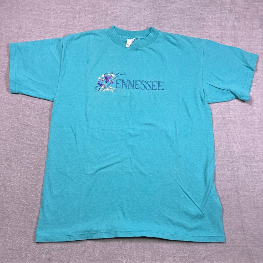 VTG Desert Heat Tennessee Embroidered Single Stitch T Shirt Mens L Teal Cotton